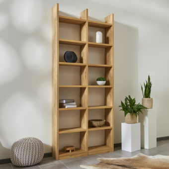 Buecherregal-Wildeiche-Echtholz-2×7-Faecher-mit-Stollenueberstand