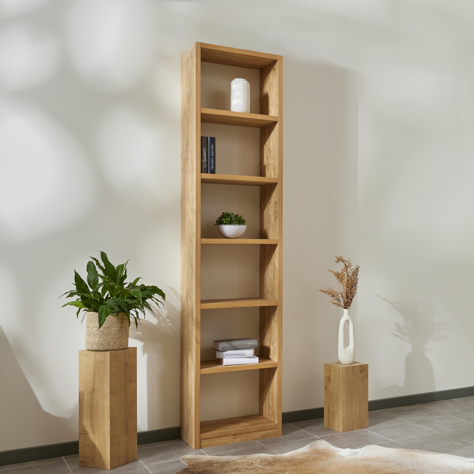 Buecherregal-Wildeiche-Echtholz-1×6-Faecher