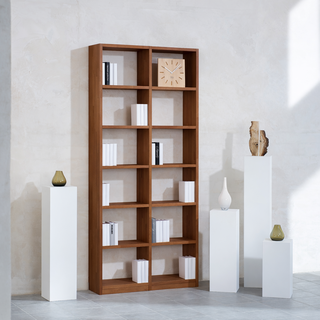 Bücherregal Nussbaum Echtholz 2x6 Fächer – 101 cm breit, 229 cm hoch