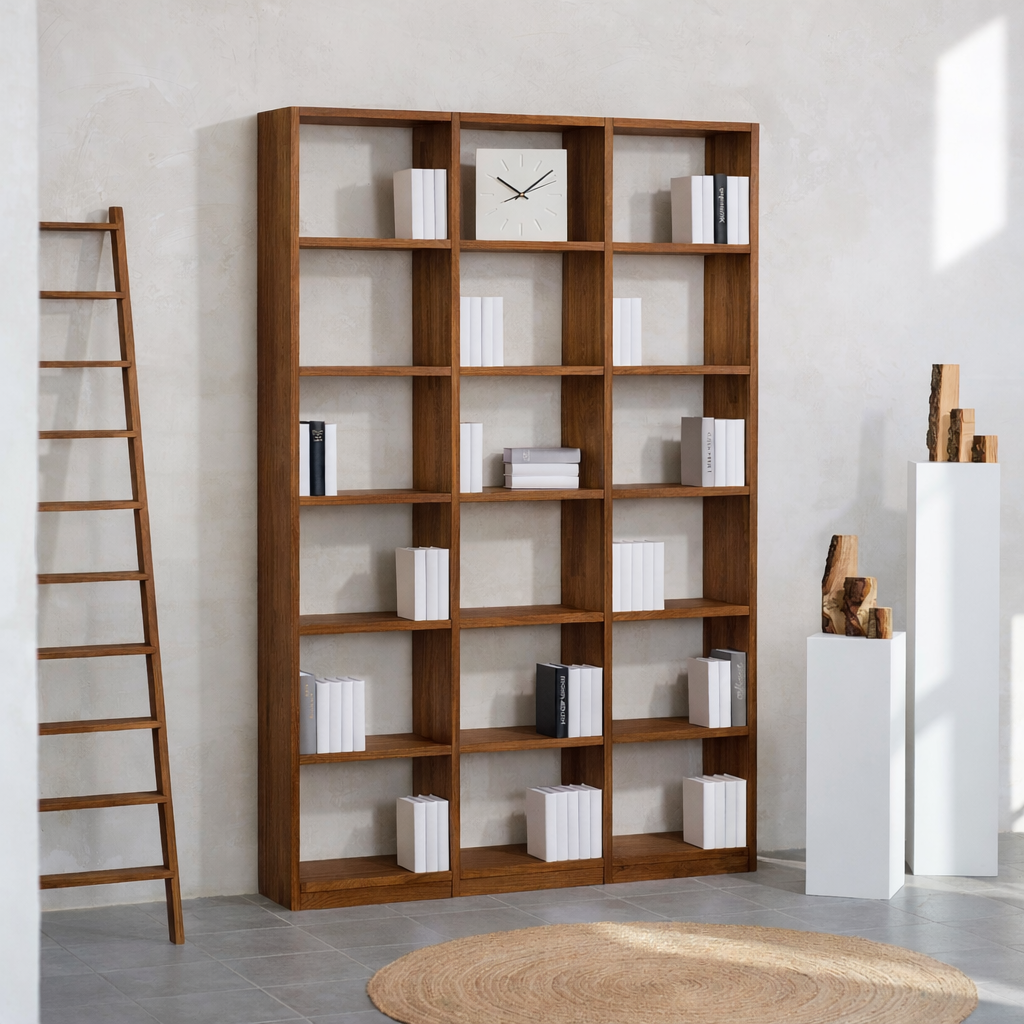 Bücherregal Nussbaum Echtholz 3x6 Fächer – 151 cm breit, 229 cm hoch