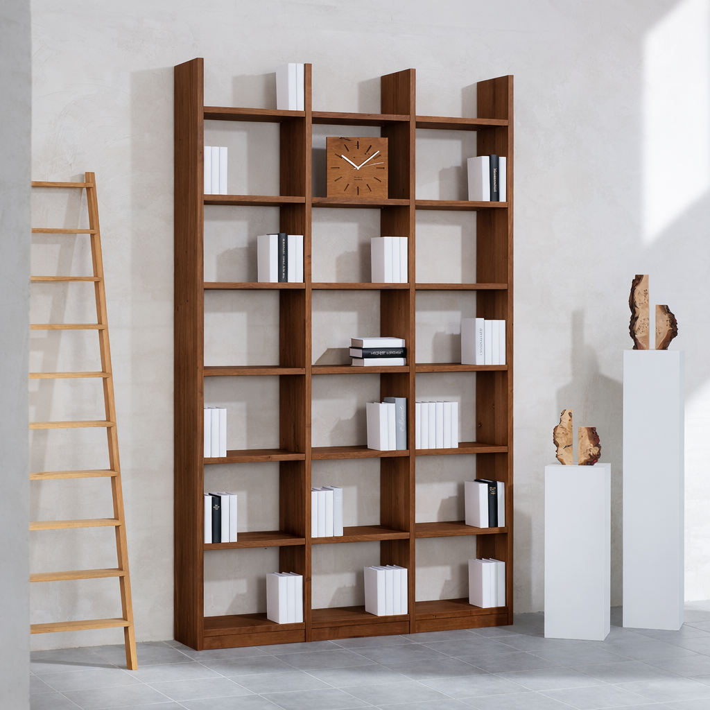 buecherregal-nussbaum-echtholz-3x7-stollenueberstand-151cm-248cm Bücherregal Nussbaum Echtholz 3x7 Fächer mit Stollenüberstand – 151 cm breit, 248 cm hoch