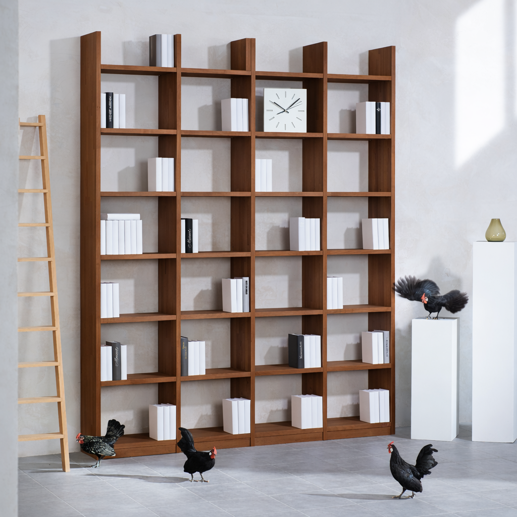 Bücherregal Nussbaum Echtholz 4x7 Fächer mit Stollenüberstand – 200 cm breit, 248 cm hoch