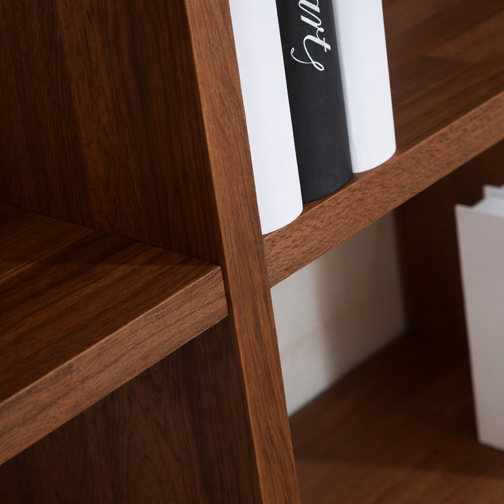 Detail eines Bücherregals aus Nussbaum Echtholz mit natürlicher Maserung