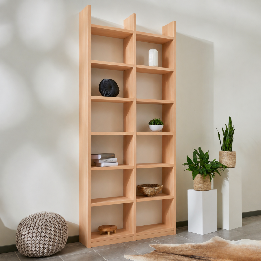 Bücherregal Buche Echtholz 2x7 Fächer mit Stollenüberstand – 101 cm breit, 248 cm hoch