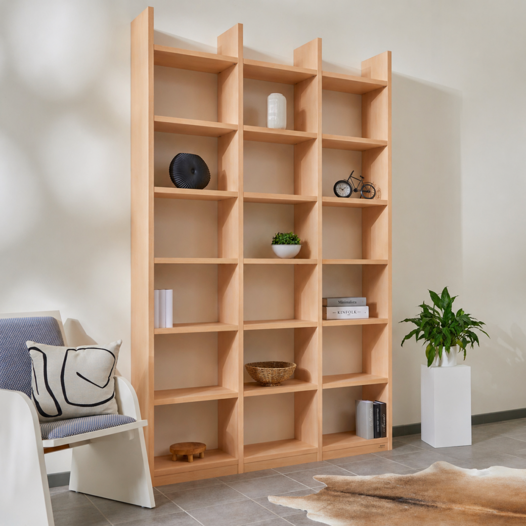 Bücherregal Buche Echtholz 3x7 Fächer mit Stollenüberstand – 151 cm breit, 248 cm hoch