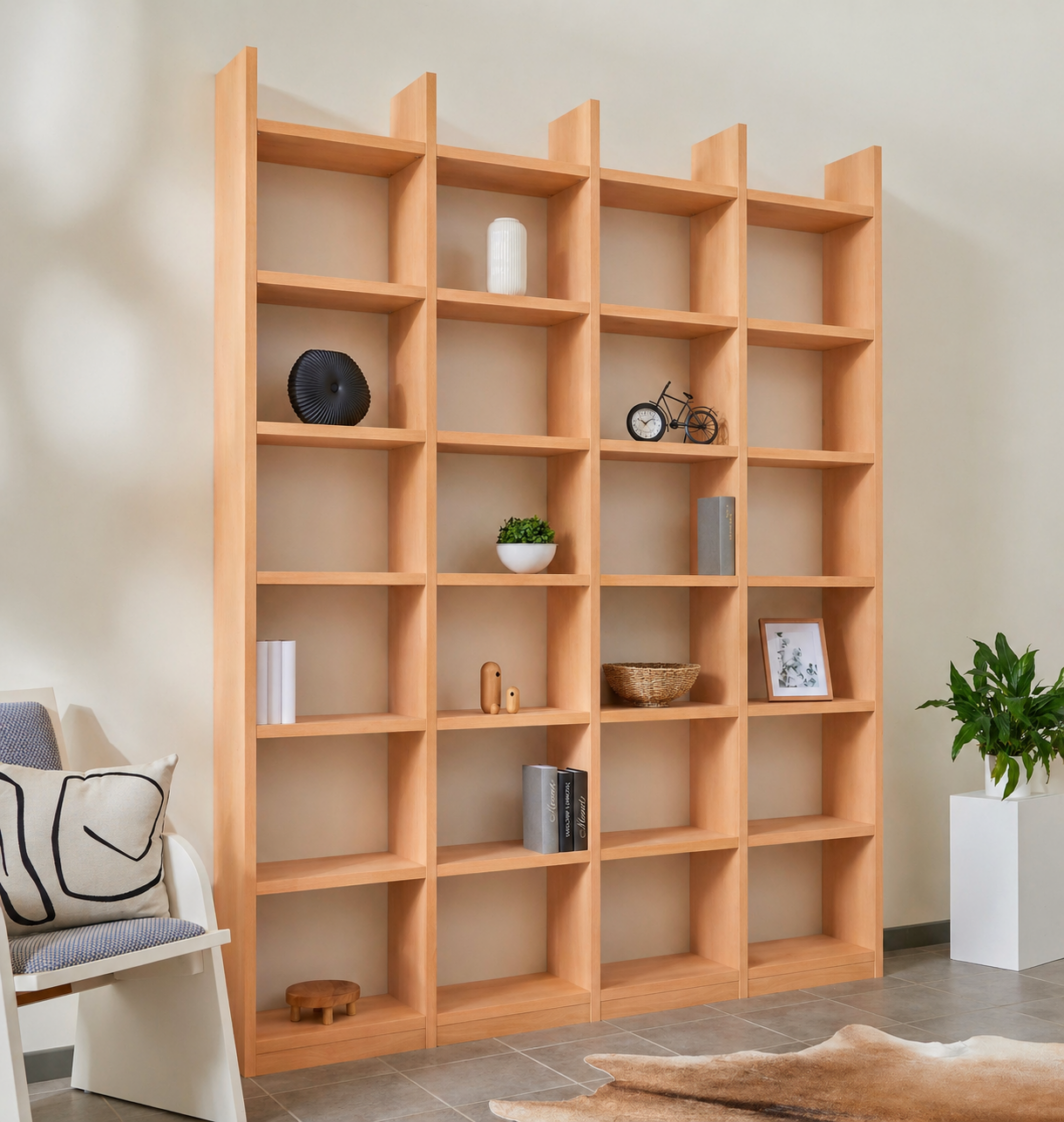 Bücherregal Buche Echtholz 4x7 Fächer mit Stollenüberstand – 200 cm breit, 248 cm hoch