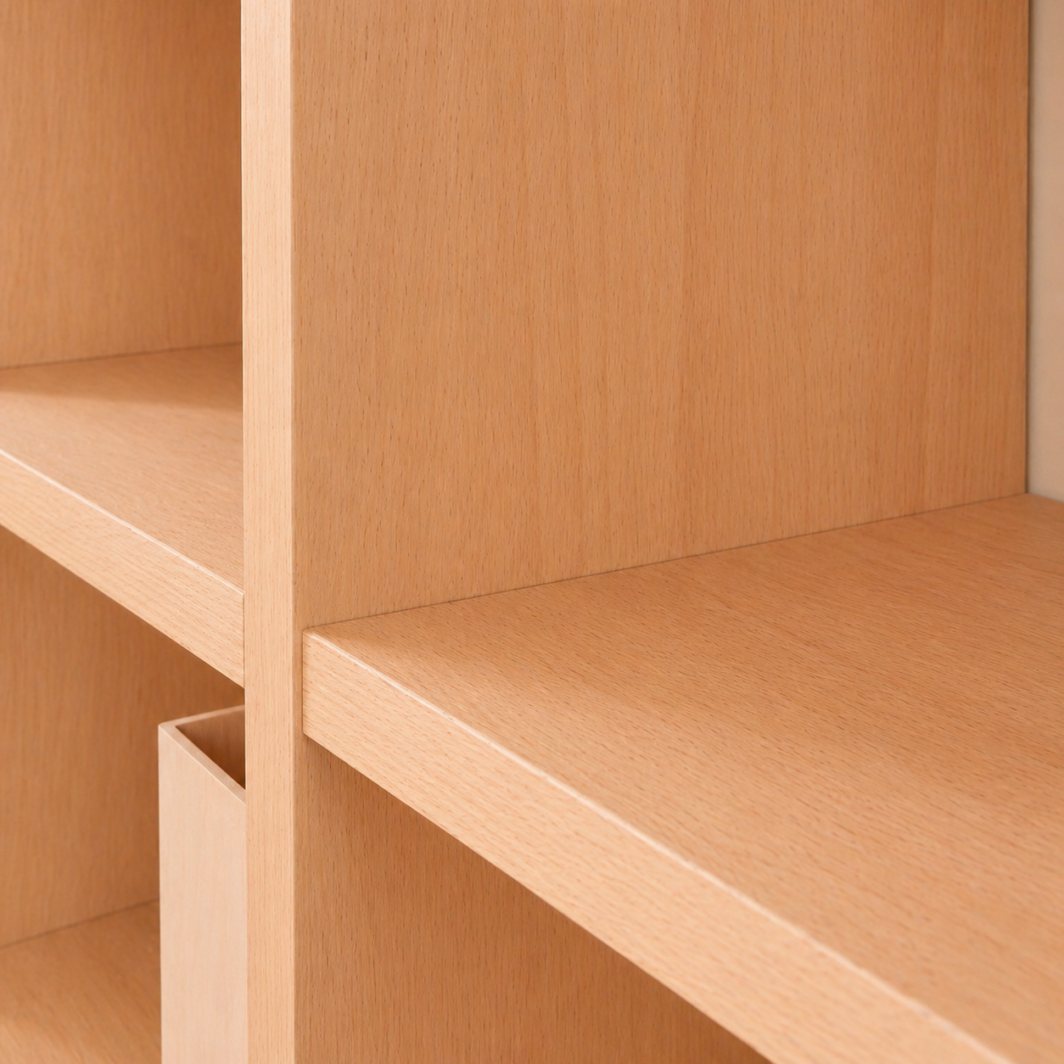 Detail eines Bücherregals aus Buche Echtholz mit natürlicher Maserung