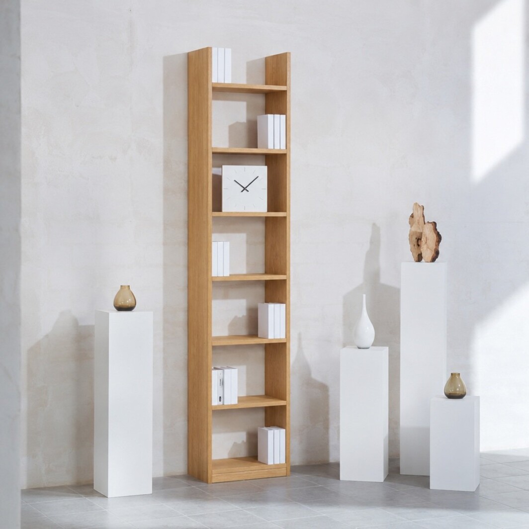 Bücherregal Eiche Echtholz 1x7 Fächer mit Stollenüberstand – 52 cm breit, 248 cm hoch
