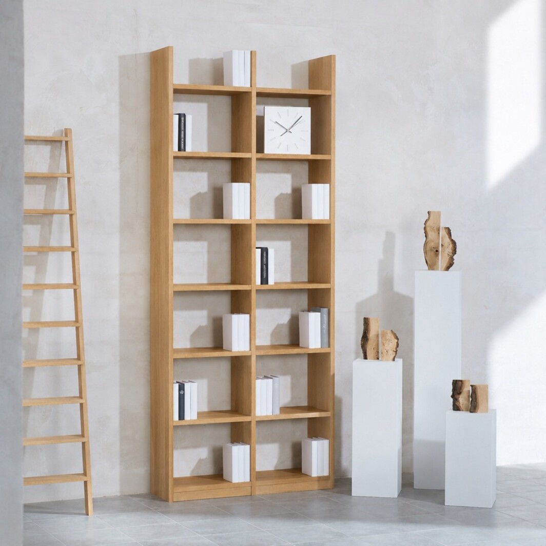 Bücherregal Eiche Echtholz 2x7 Fächer mit Stollenüberstand – 101 cm breit, 248 cm hoch