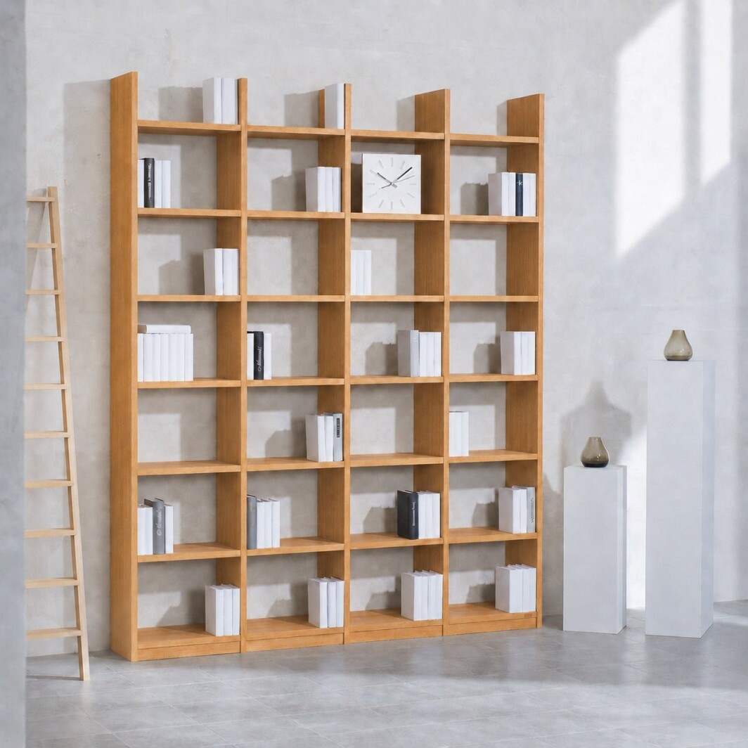 Bücherregal Eiche Echtholz 4x7 Fächer mit Stollenüberstand – 200 cm breit, 248 cm hoch