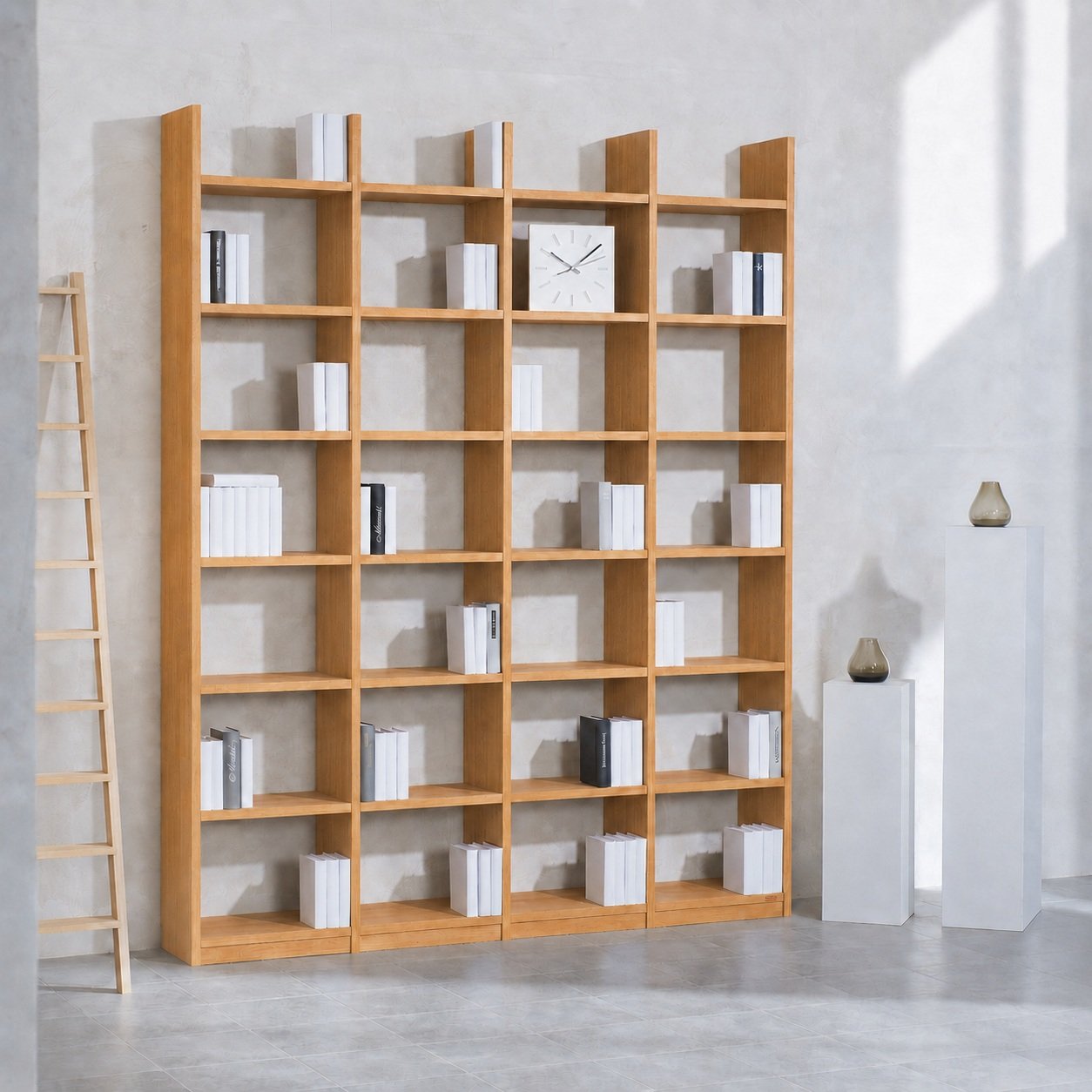 Bücherregal Eiche Echtholz 4x7 Fächer mit Stollenüberstand – 200 cm breit, 248 cm hoch