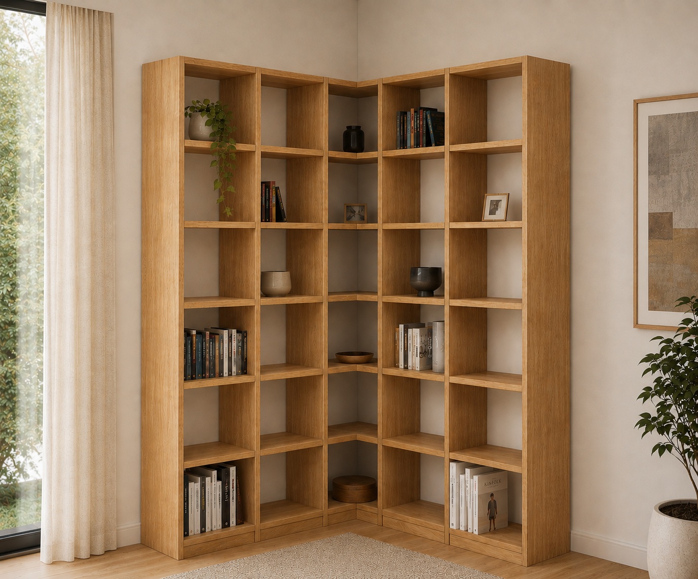 Offenes Eck-Bücherregal aus Eiche Echtholz, 151 × 151 cm breit und 229 cm hoch