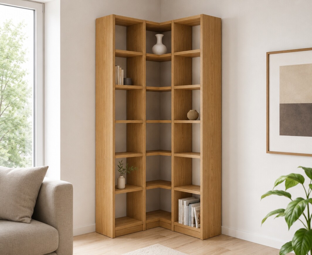 Eckregal aus Eiche Echtholz mit 101 × 101 cm Außenmaß und 229 cm Höhe