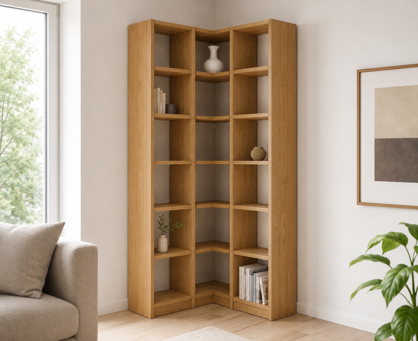 Eckregal aus Eiche Echtholz mit 101 × 101 cm Außenmaß und 229 cm Höhe