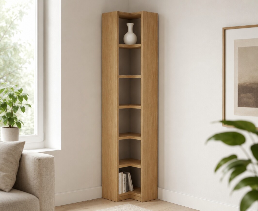 Kleines Eckregal aus Eiche Echtholz, 52 × 52 cm breit und 229 cm hoch