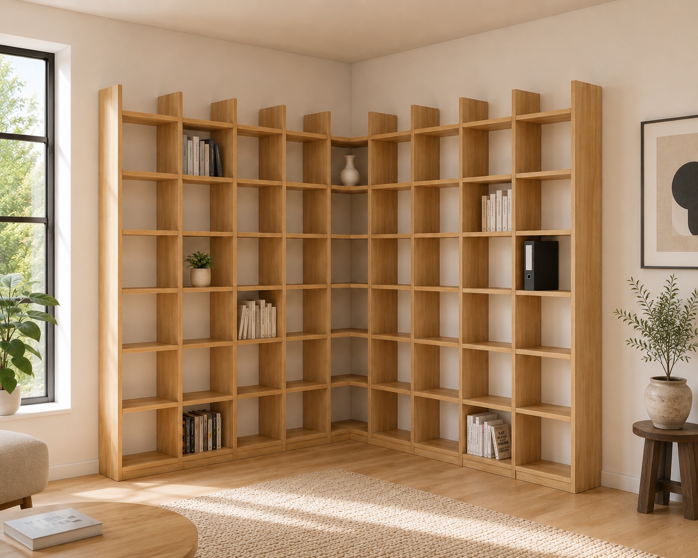 Hohe Regaleckkombination aus Eiche Echtholz mit Stollenüberstand, 250 × 250 cm breit und 248 cm hoch