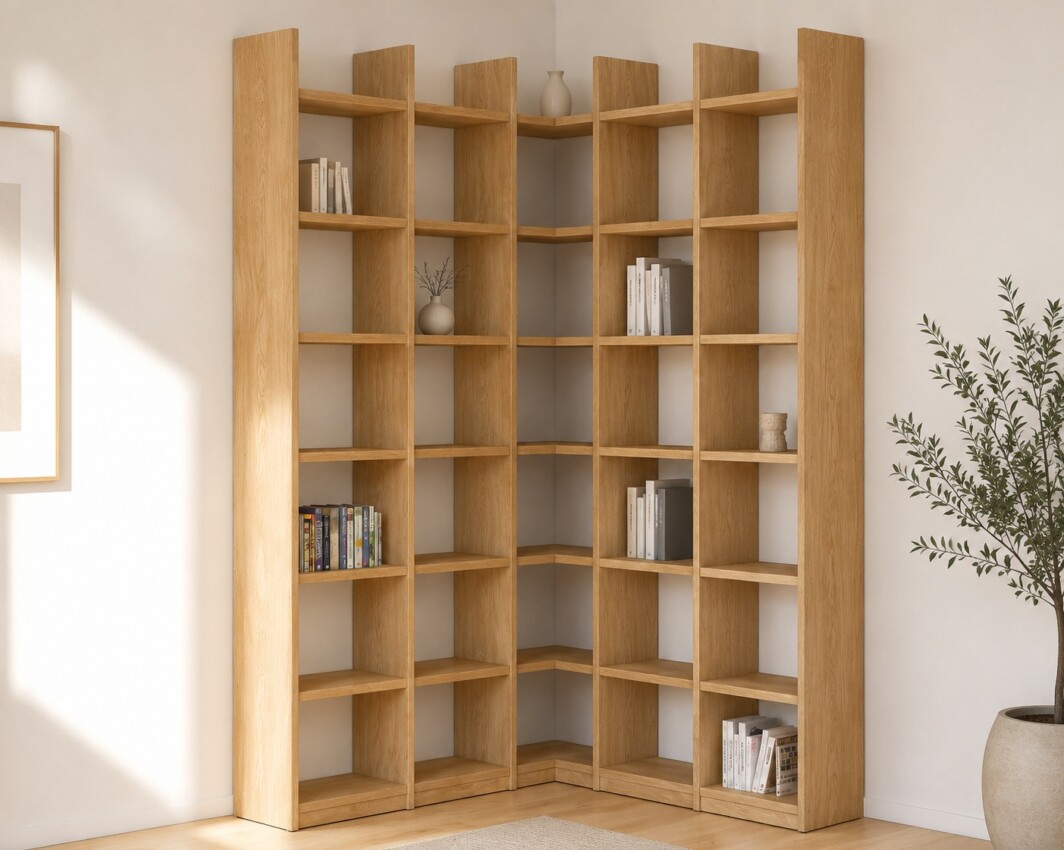 Hohes Eck-Bücherregal aus Eiche Echtholz mit Stollenüberstand, 151 × 151 cm breit und 248 cm hoch