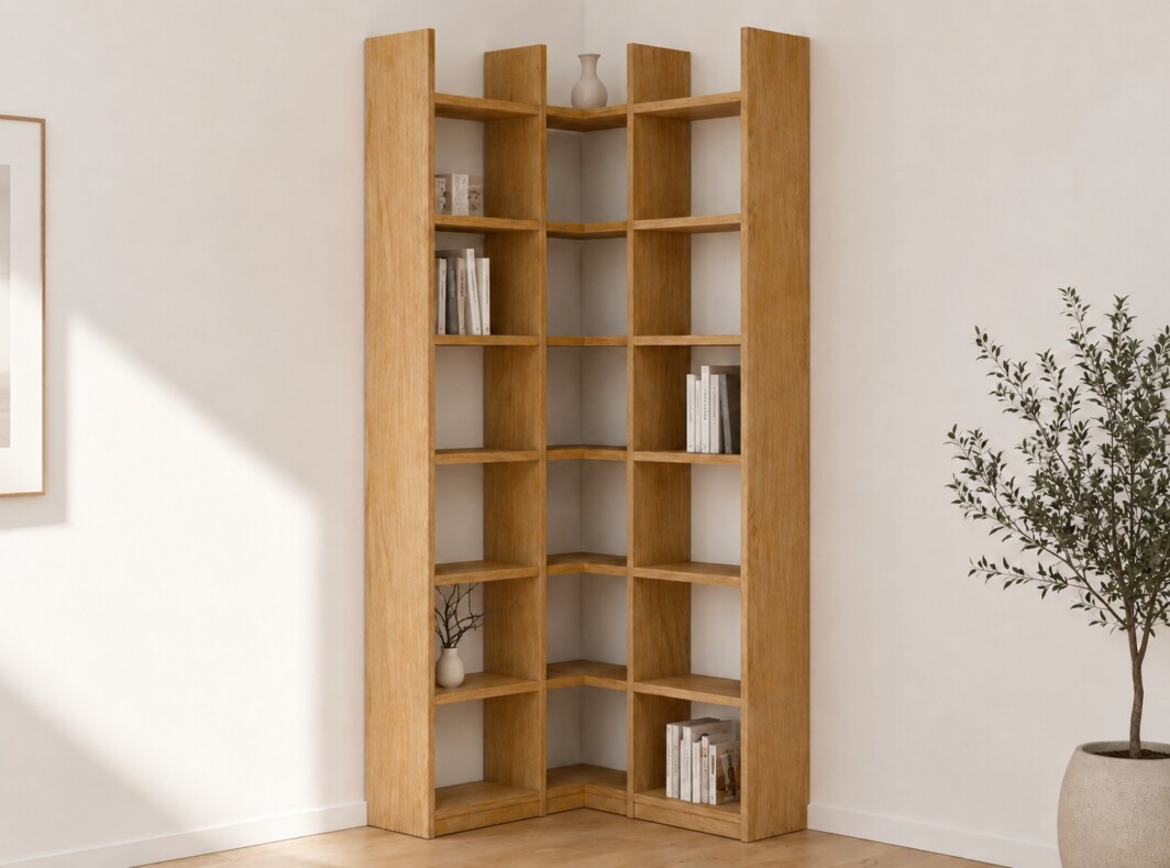 Hohes Eckregal aus Eiche Echtholz mit Stollenüberstand, 101 × 101 cm breit und 248 cm hoch