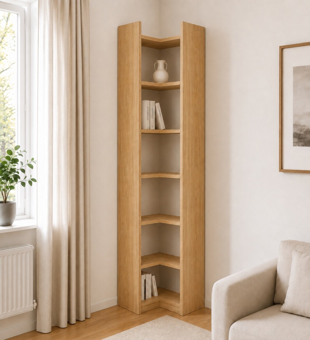 Kleines hohes Eckregal aus Eiche Echtholz mit Stollenüberstand, 52 × 52 cm breit und 248 cm hoch