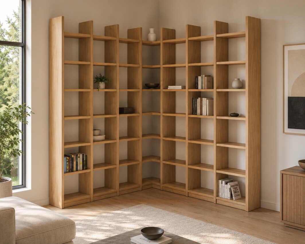 Hohes Regal über Eck aus Eiche Echtholz mit Stollenüberstand, 200 × 200 cm breit und 248 cm hoch