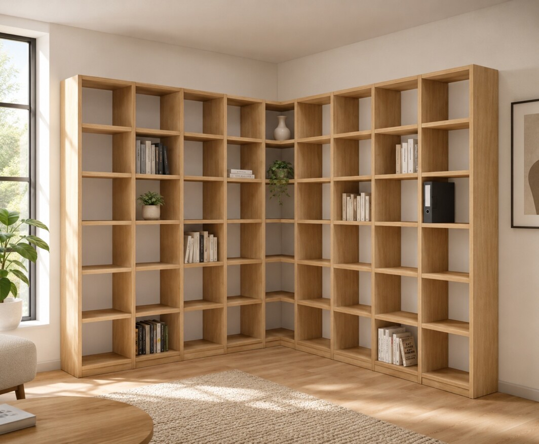 Große Regaleckkombination aus Eiche Echtholz, 250 × 250 cm breit und 229 cm hoch